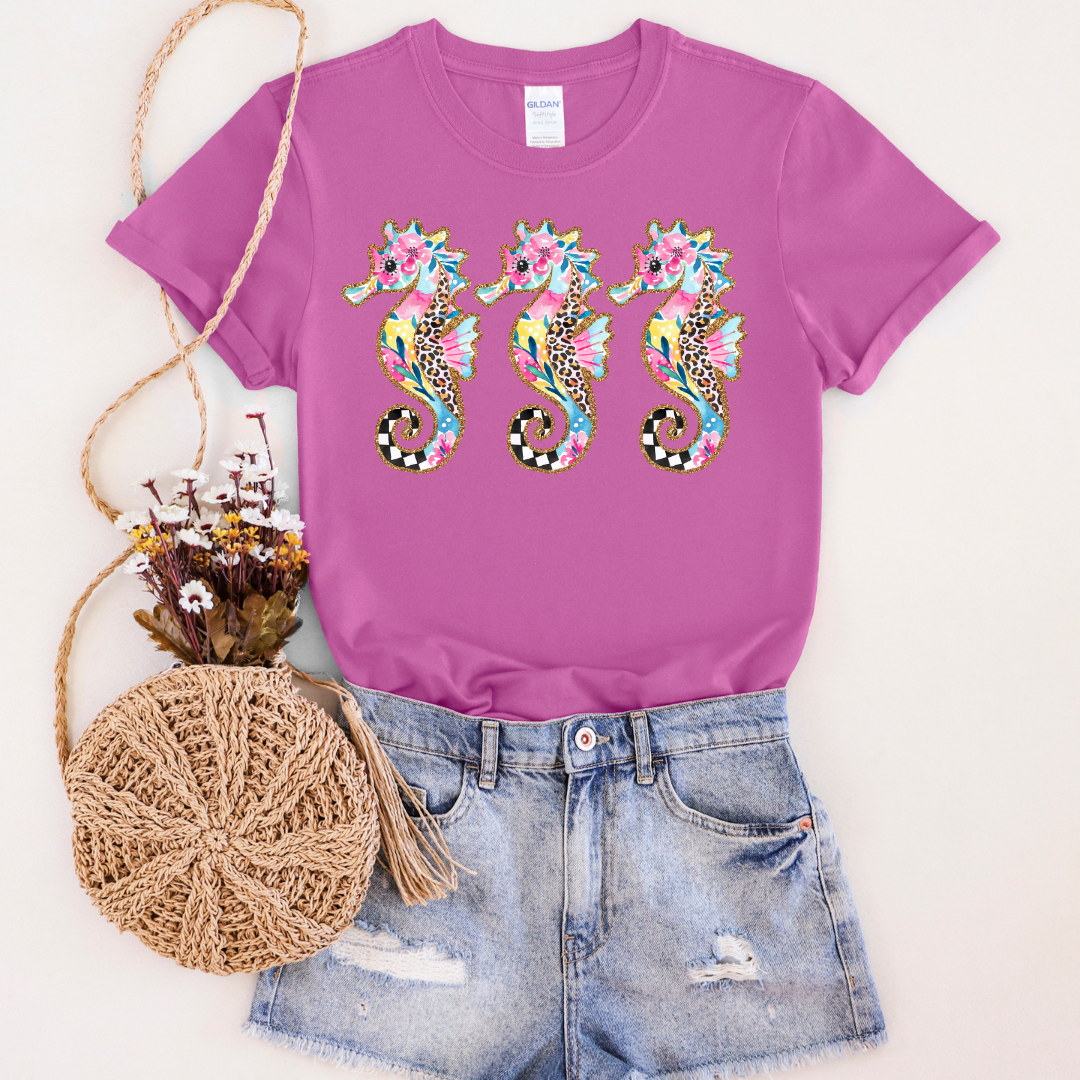 Checkered Leopard Seahorses Graphic Tee