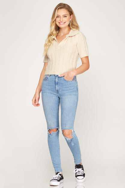 SHORT SLEEVE COLLARED CROPPED KNIT SWEATER TOP