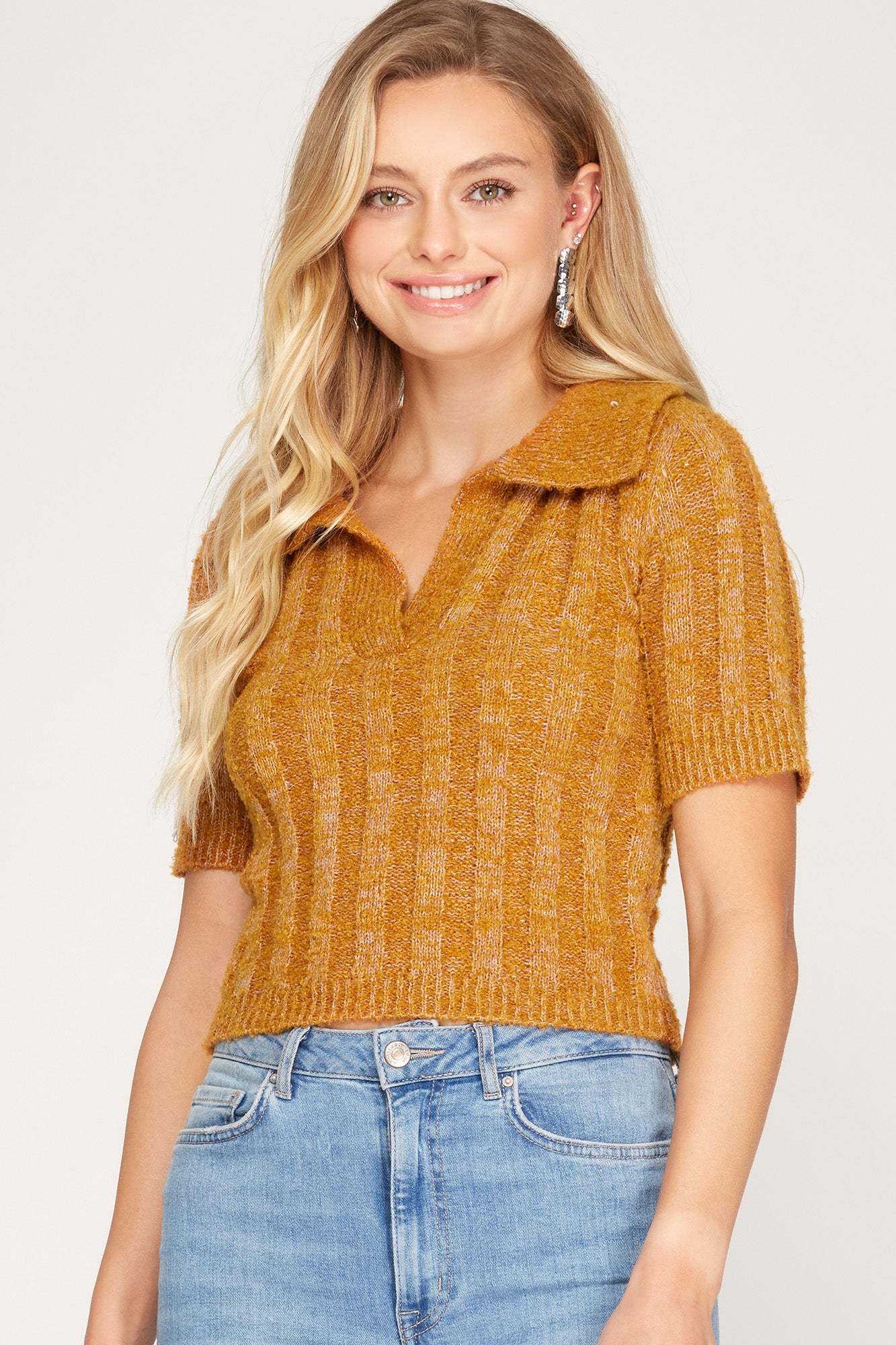 SHORT SLEEVE COLLARED CROPPED KNIT SWEATER TOP