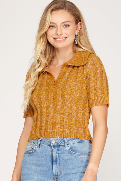SHORT SLEEVE COLLARED CROPPED KNIT SWEATER TOP