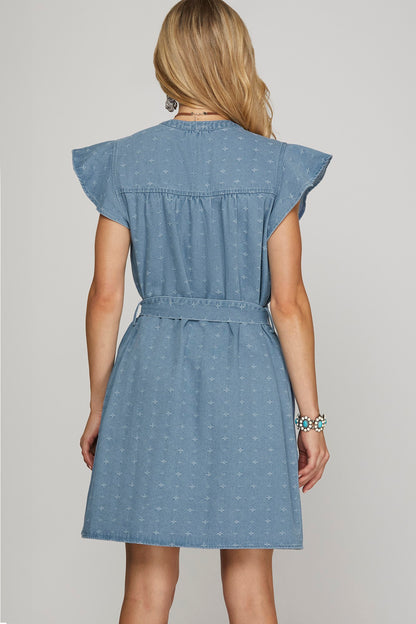 RUFFLED SLEEVE BUTTON DOWN WASHED DENIM DRESS WITH WAIST TIE AND POCKETS