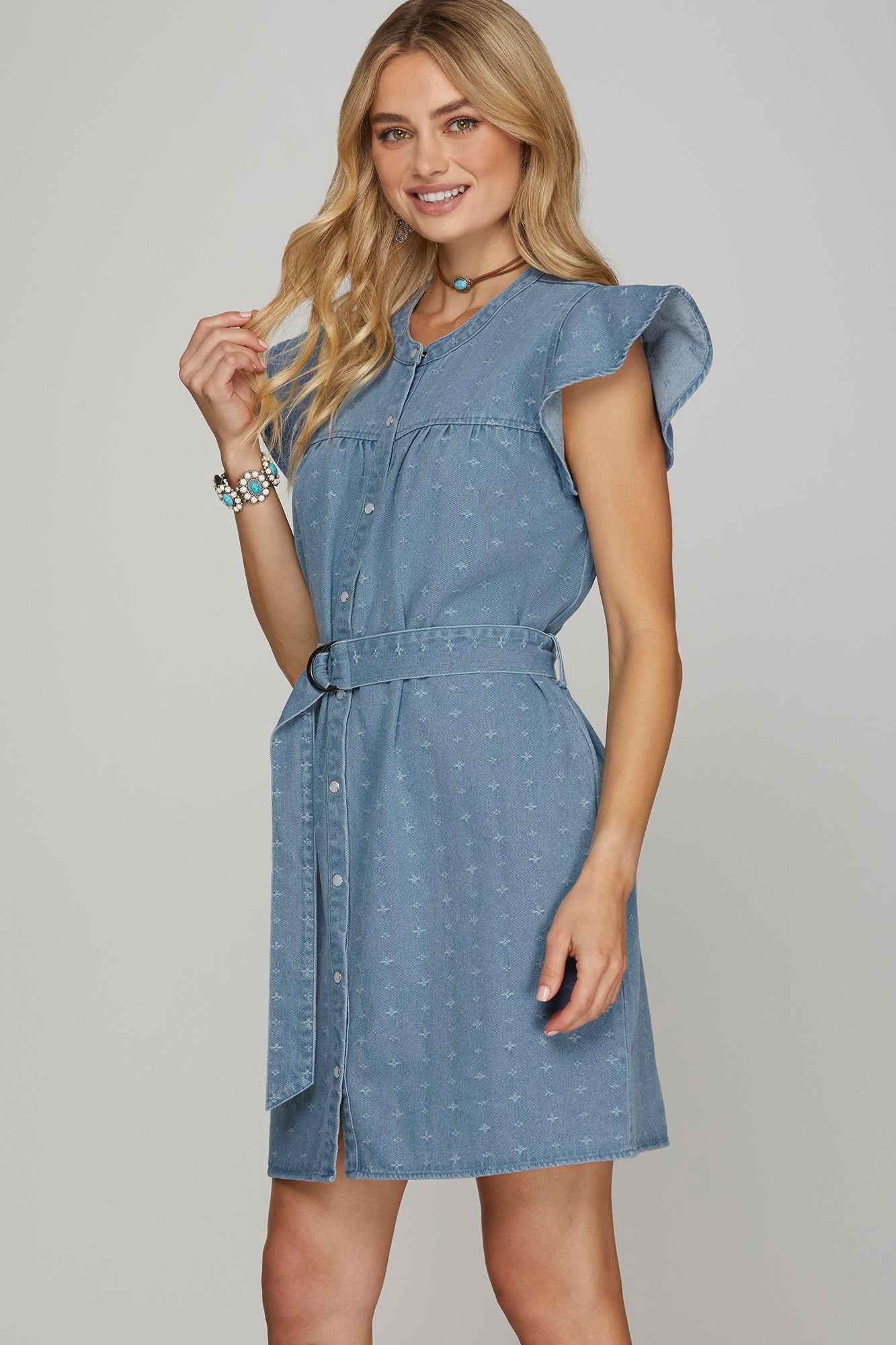 RUFFLED SLEEVE BUTTON DOWN WASHED DENIM DRESS WITH WAIST TIE AND POCKETS