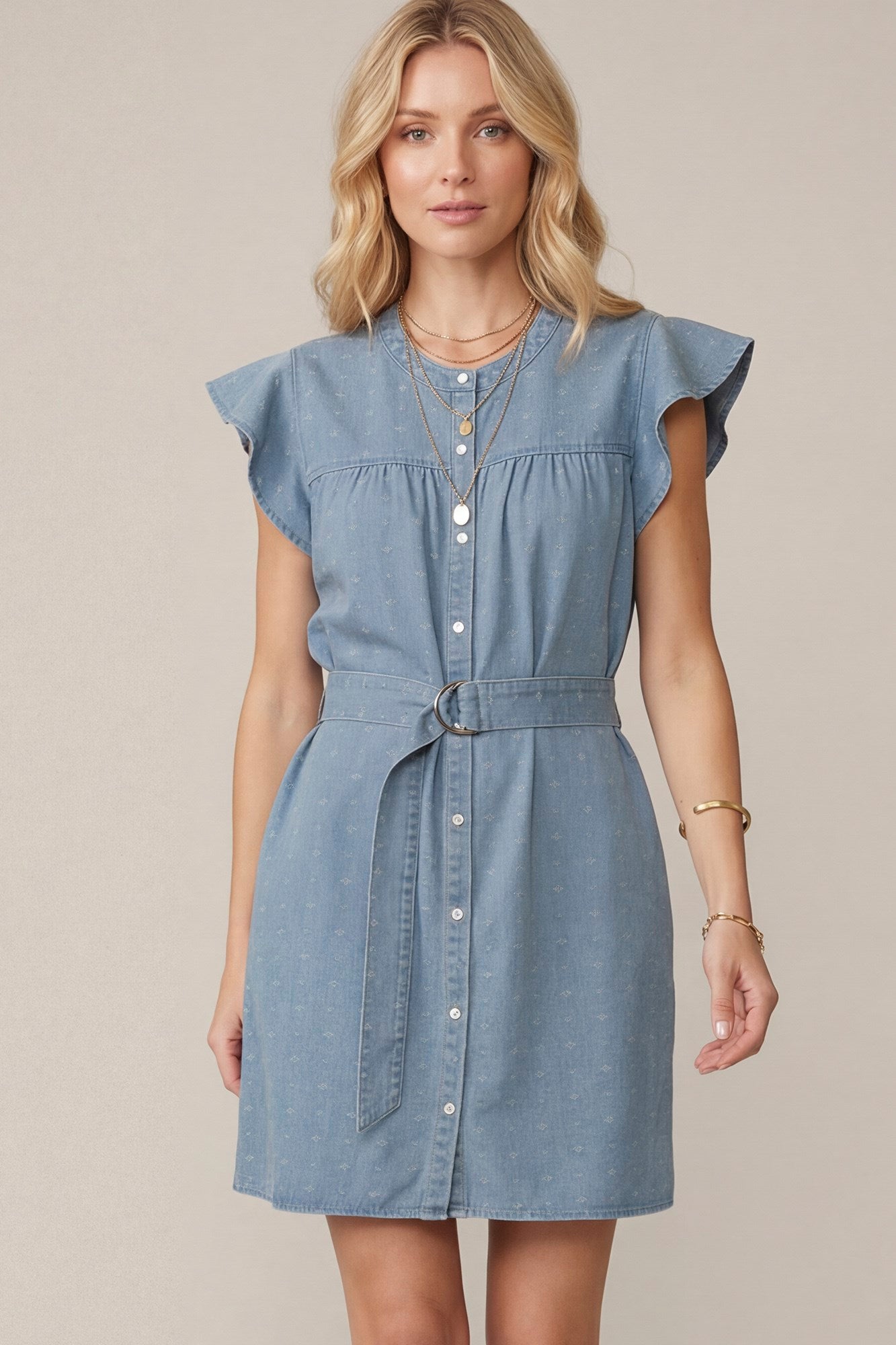 RUFFLED SLEEVE BUTTON DOWN WASHED DENIM DRESS WITH WAIST TIE AND POCKETS