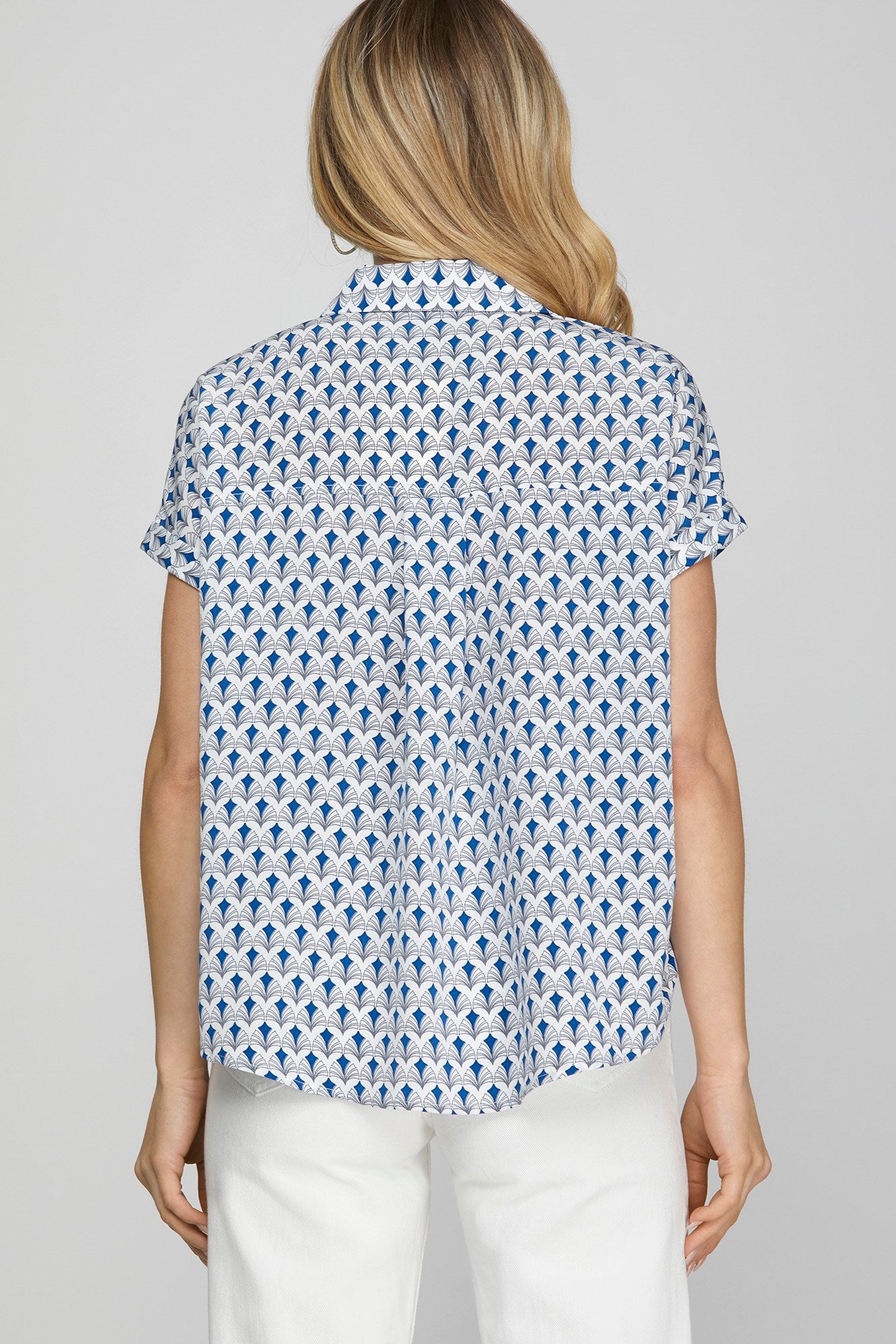 DROP SHOULDER COLLARED PRINTED TOP