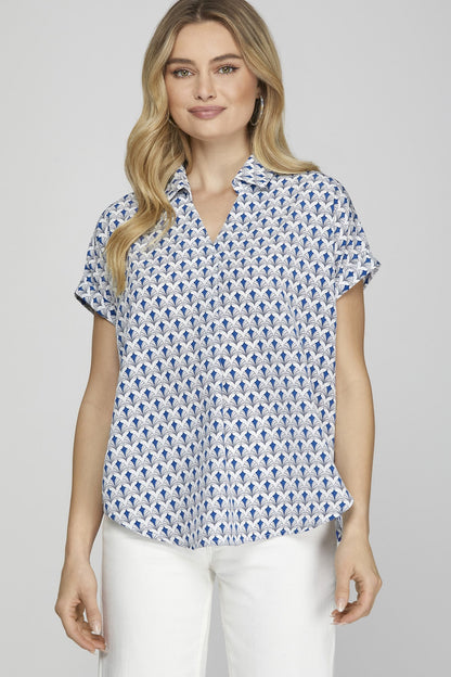 DROP SHOULDER COLLARED PRINTED TOP