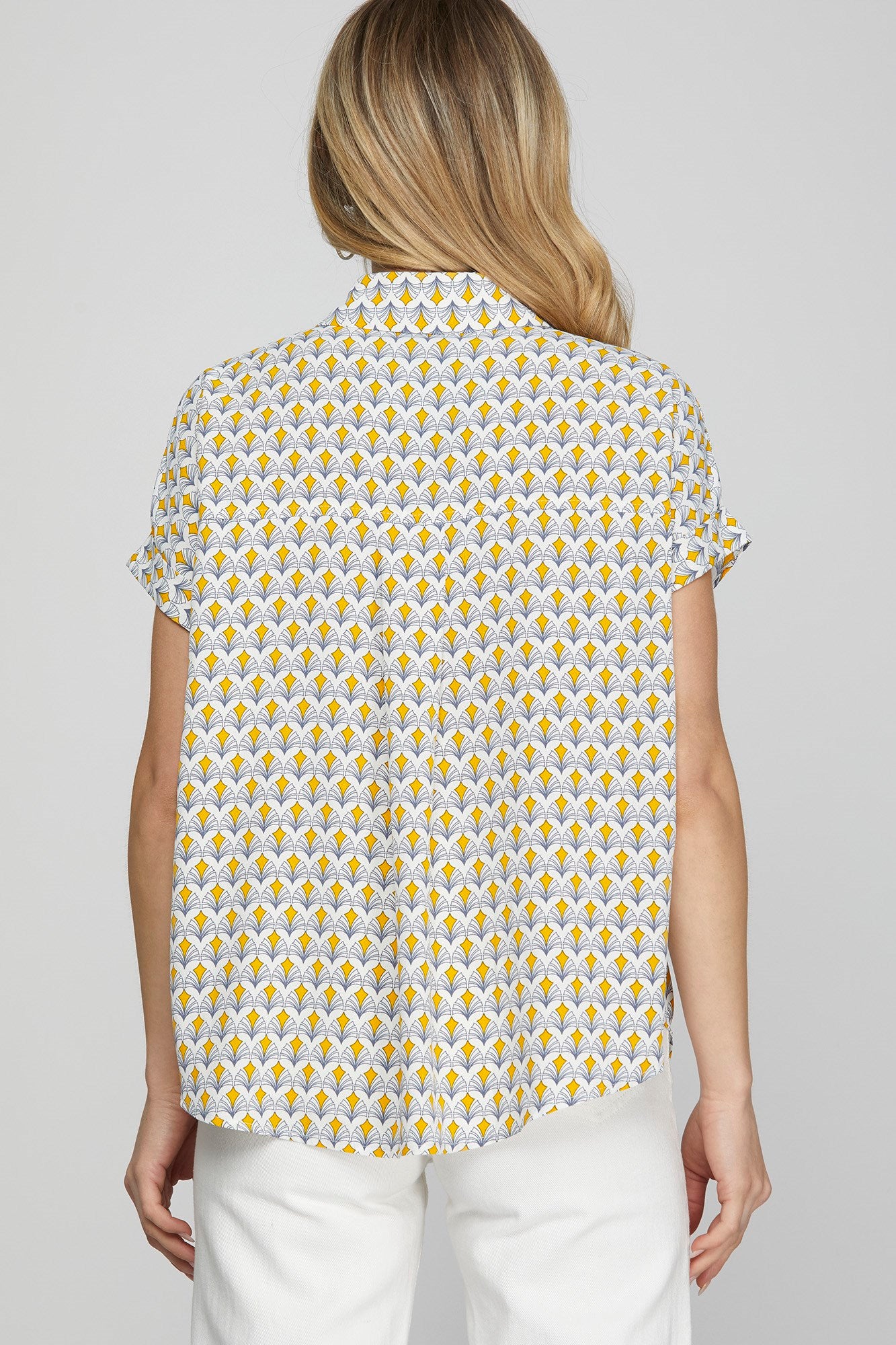 DROP SHOULDER COLLARED PRINTED TOP