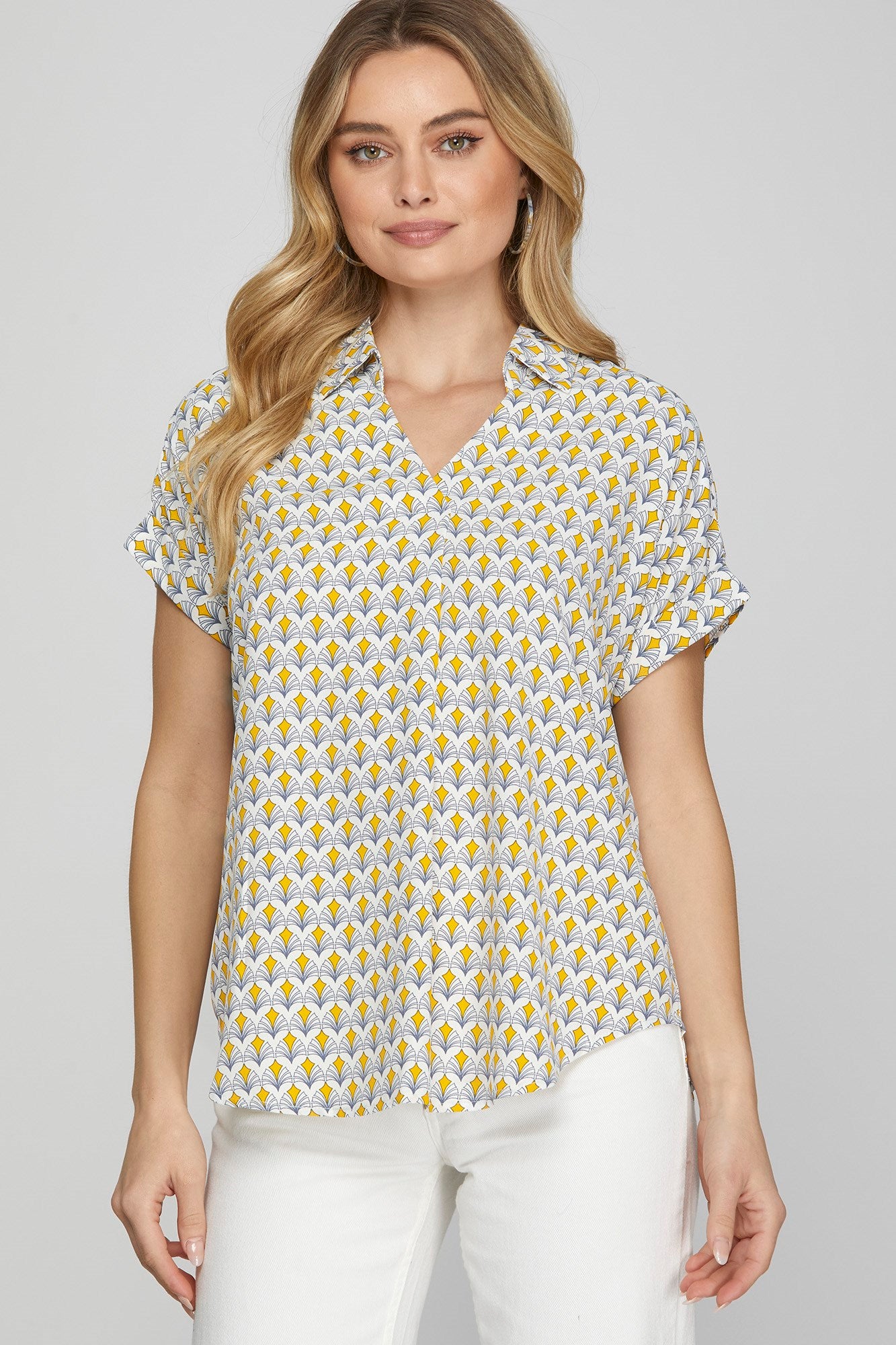 DROP SHOULDER COLLARED PRINTED TOP