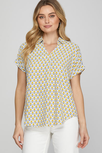 DROP SHOULDER COLLARED PRINTED TOP