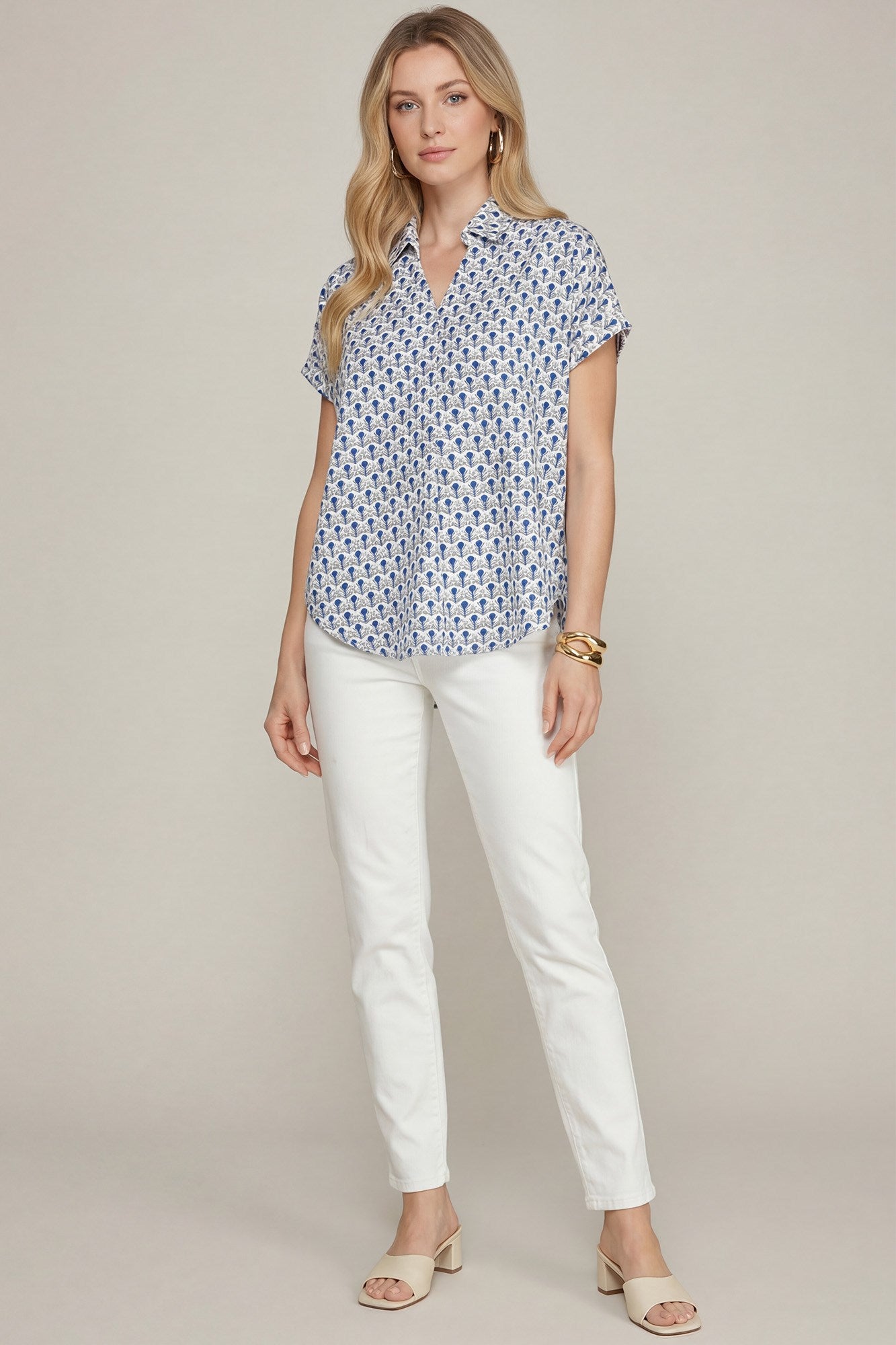 DROP SHOULDER COLLARED PRINTED TOP