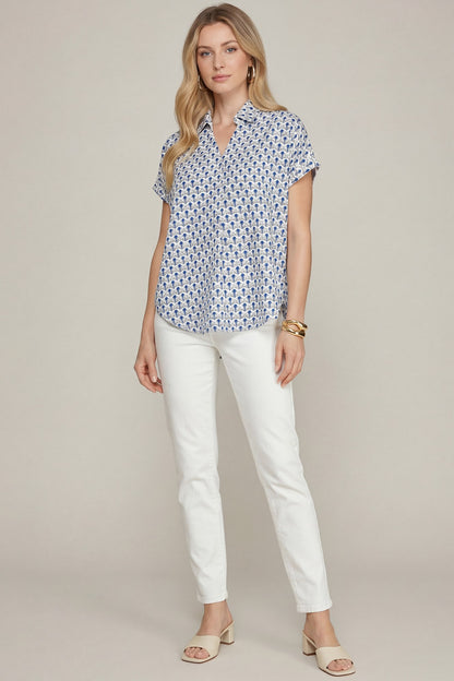 DROP SHOULDER COLLARED PRINTED TOP