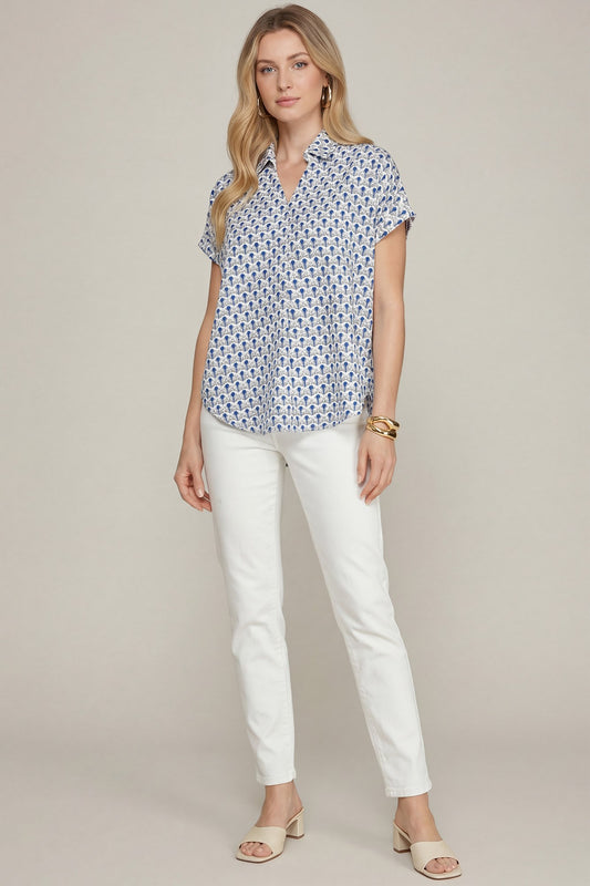 DROP SHOULDER COLLARED PRINTED TOP