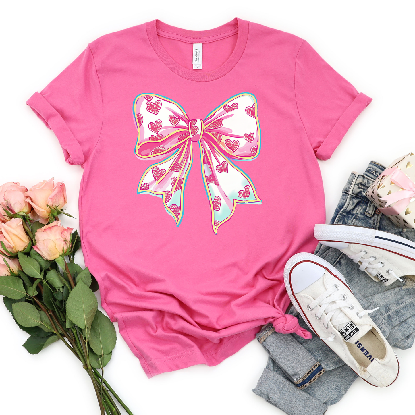 *Pastel Neon Valentine Bow Graphic Tee
