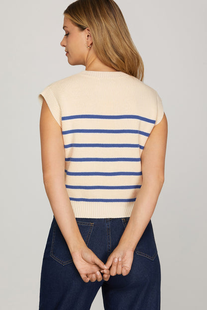 SLEEVELESS ROUND NECK STRIPED SWEATER TOP
