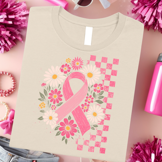 Floral Breast Cancer Ribbon Graphic Tee