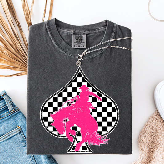 Checkered Spade Pink Bronc Graphic Tee