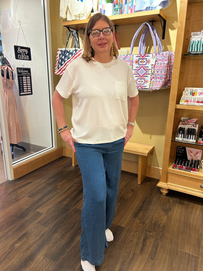 DARK CHAMBRAY PINTUCK DETAIL WIDE LEG PANTS