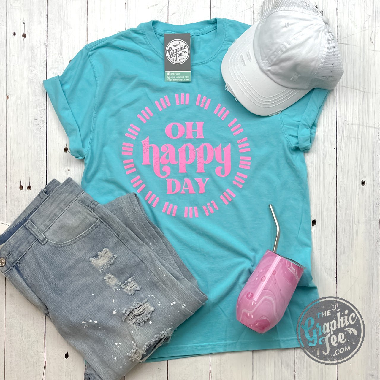 Oh Happy Day Garment Dyed Lagoon Blue Short Sleeve Crew Neck Tee