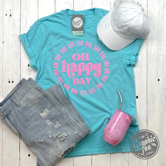 Oh Happy Day Garment Dyed Lagoon Blue Short Sleeve Crew Neck Tee